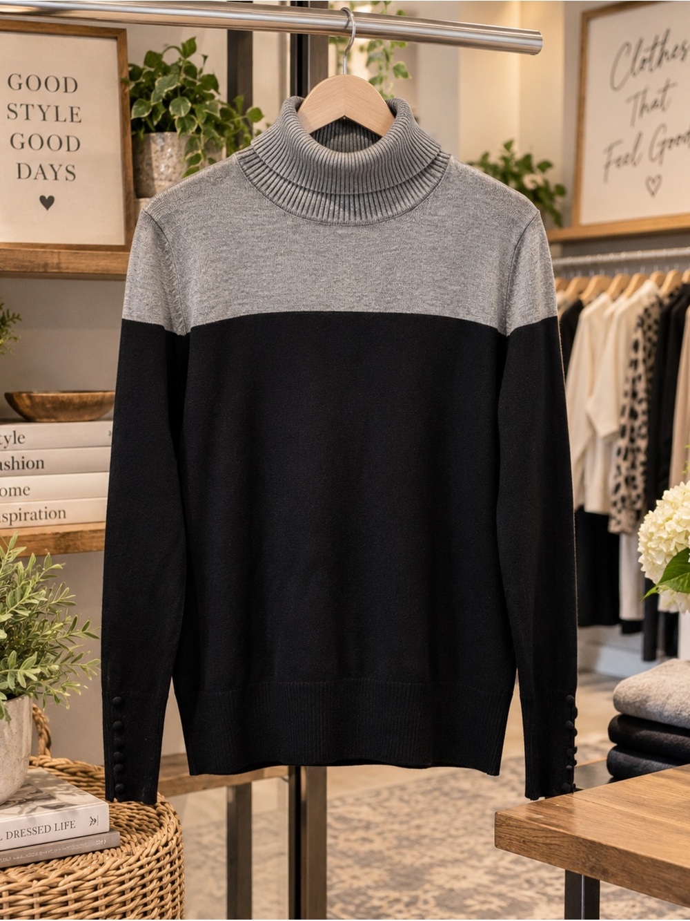 Cable & Gauge Black Gray Colorblock Turtleneck Sweater Size M - Picture 2 of 8
